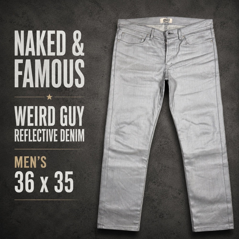Naked & Famous Weird Guy Reflective Denim Men 36x35 Silver Grey Jeans 019973